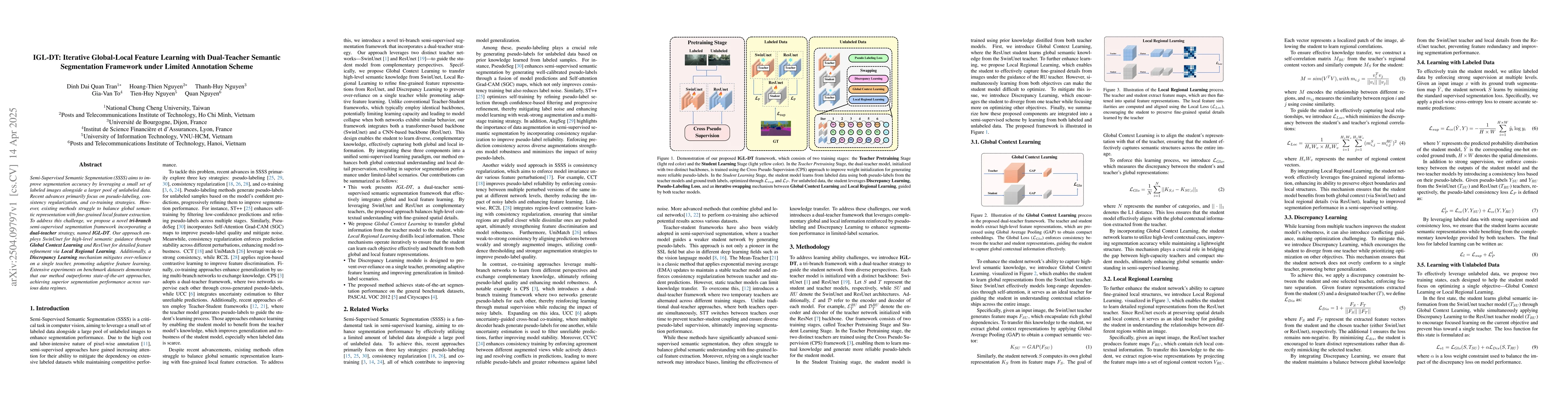 Thumbnail for IGL-DT: Iterative Global-Local Feature Learning with Dual-Teacher
  Semantic Segmentation Framework under Limited Annotation Scheme