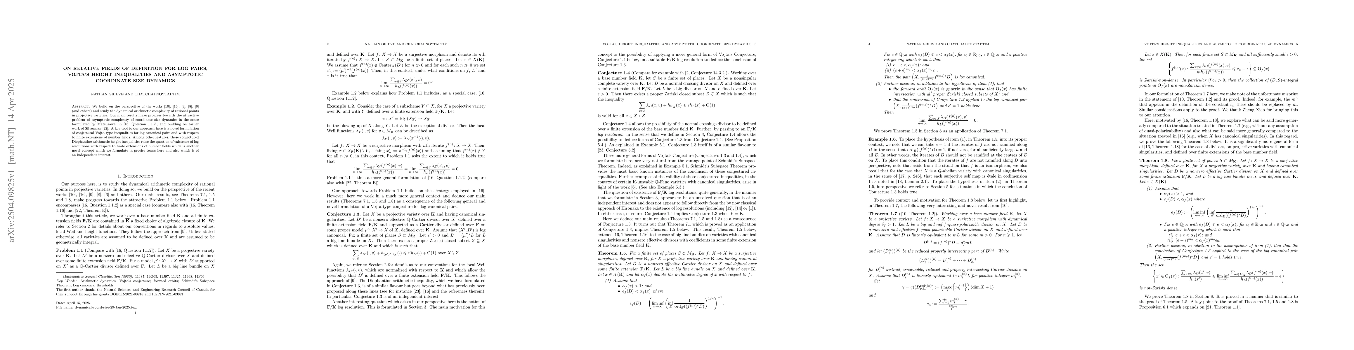 Thumbnail for On relative fields of definition for log pairs, Vojta's height
  inequalities and asymptotic coordinate size dynamics