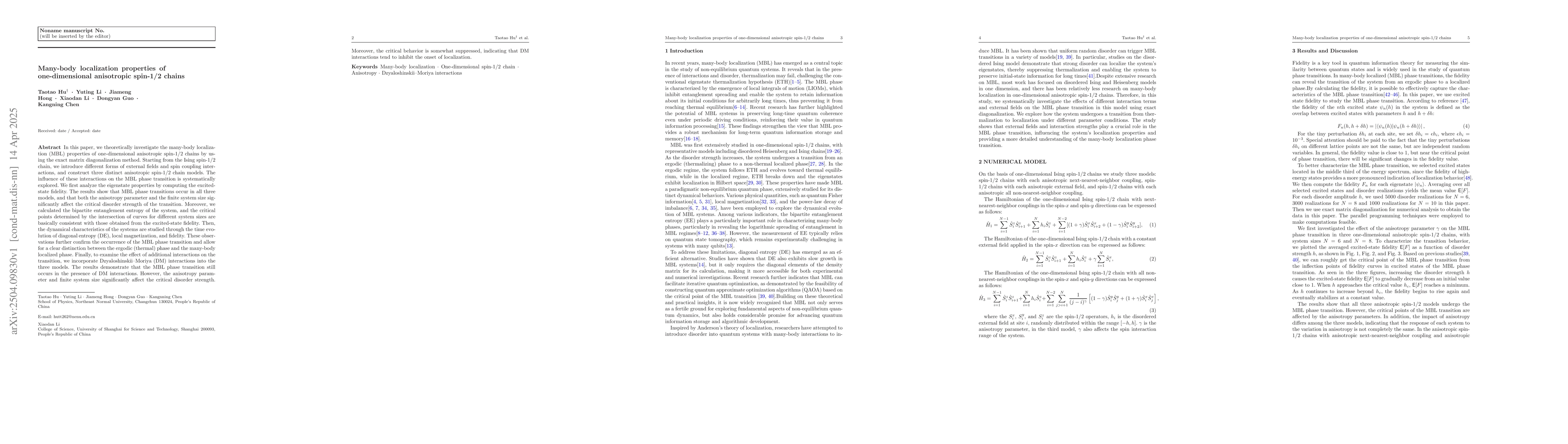 Thumbnail for Many-body localization properties of one-dimensional anisotropic
  spin-1/2 chains