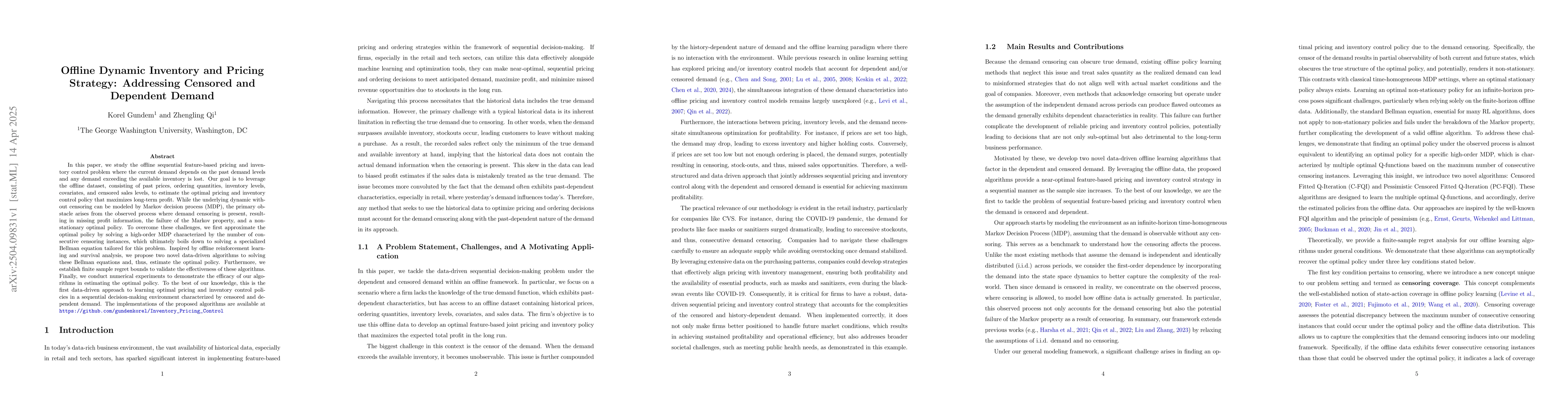 Thumbnail for Offline Dynamic Inventory and Pricing Strategy: Addressing Censored and
  Dependent Demand