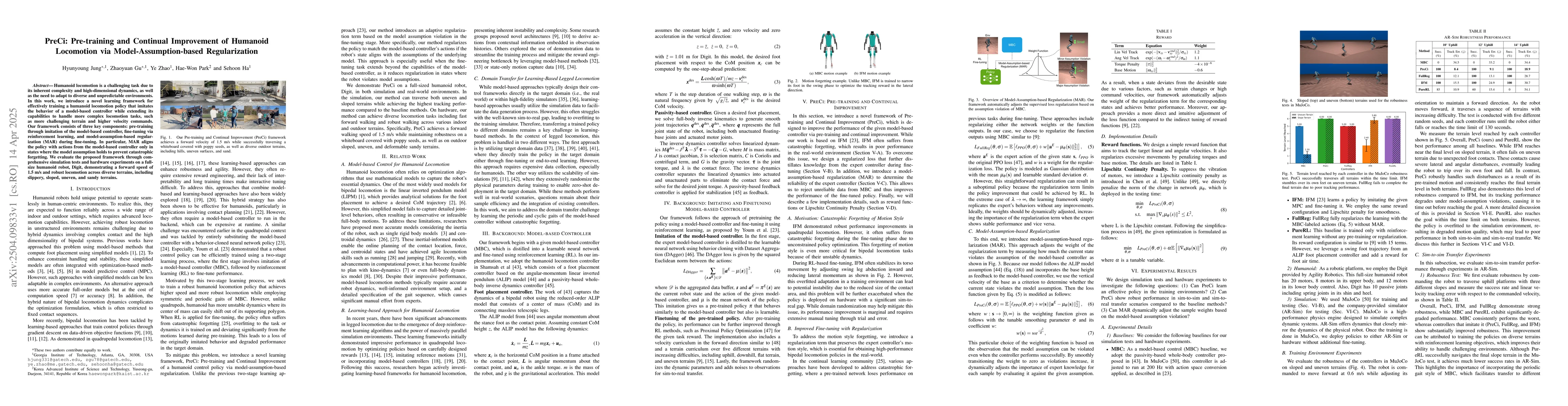 Thumbnail for PreCi: Pretraining and Continual Improvement of Humanoid Locomotion via
  Model-Assumption-Based Regularization
