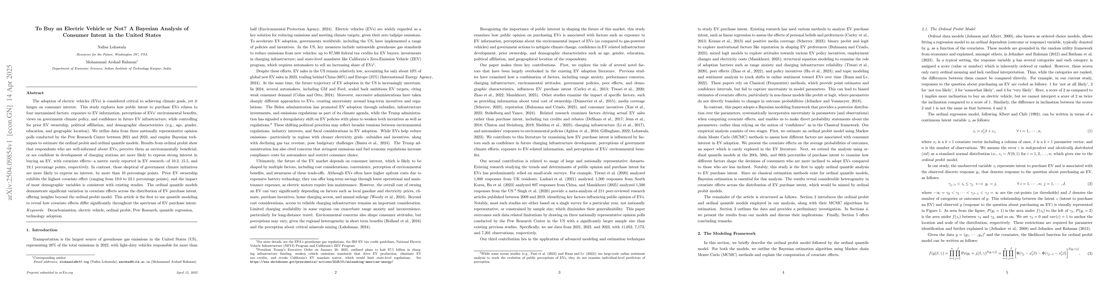 Thumbnail for To Buy an Electric Vehicle or Not? A Bayesian Analysis of Consumer
  Intent in the United States