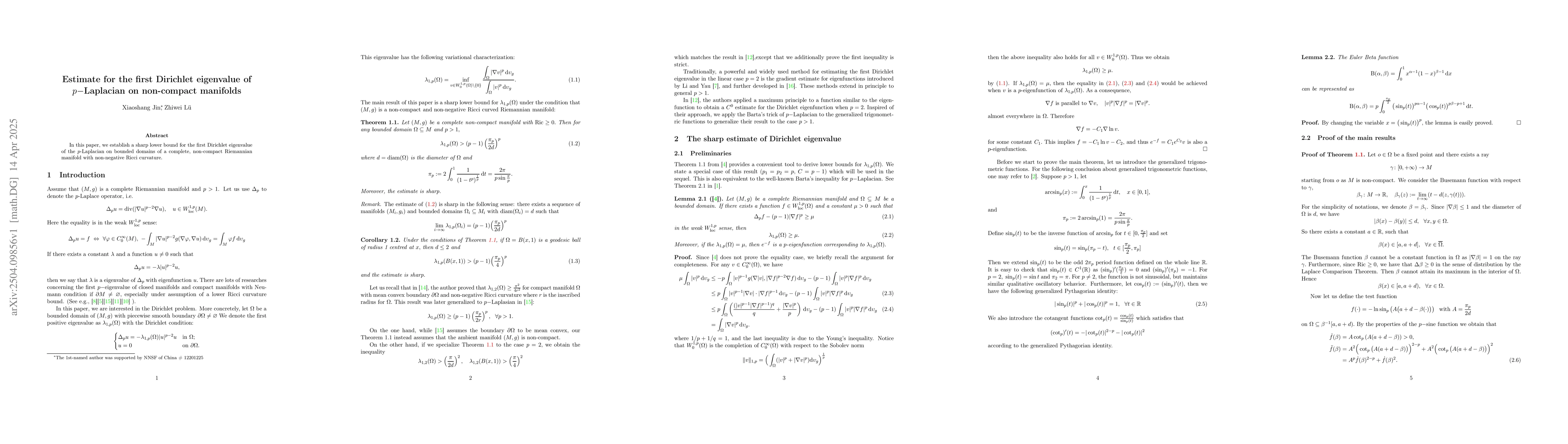 Thumbnail for Estimate for the first Dirichlet eigenvalue of $p-$Laplacian on
  non-compact manifolds
