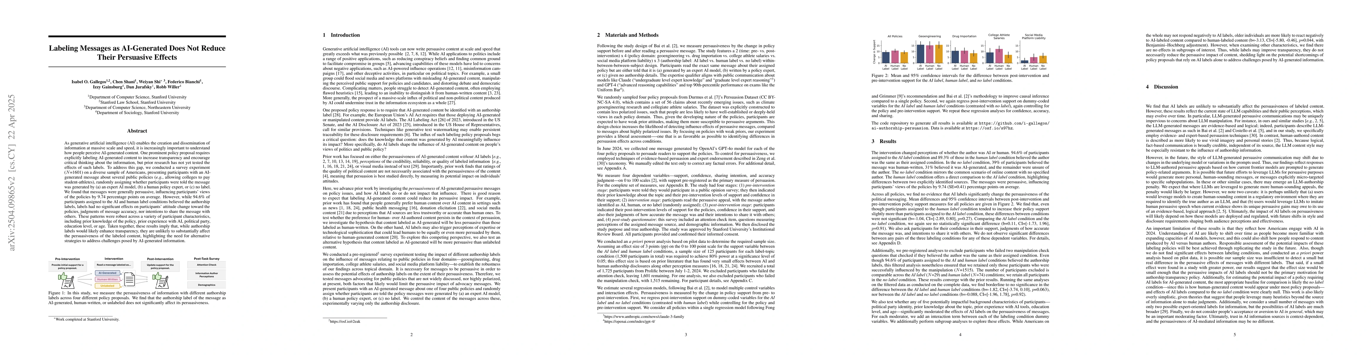 Thumbnail for Labeling Messages as AI-Generated Does Not Reduce Their Persuasive
  Effects
