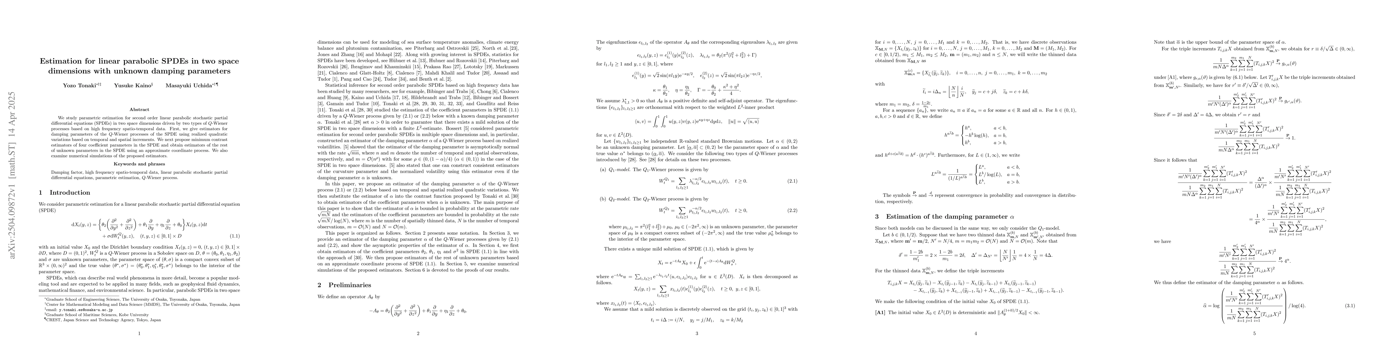 Thumbnail for Estimation for linear parabolic SPDEs in two space dimensions with
  unknown damping parameters