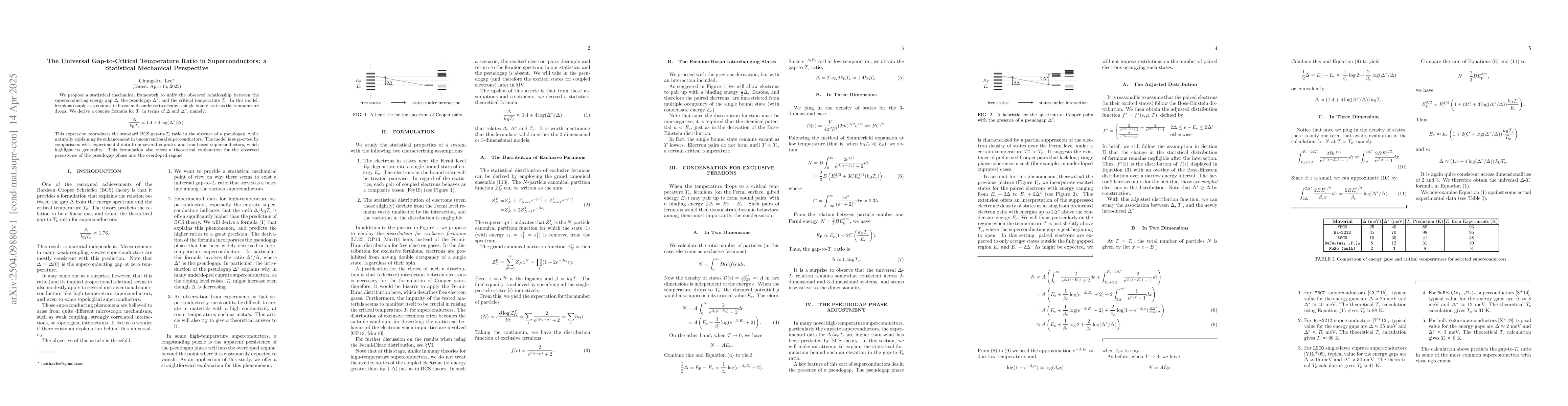 Thumbnail for The Universal Gap-to-Critical Temperature Ratio in Superconductors: a
  Statistical Mechanical Perspective