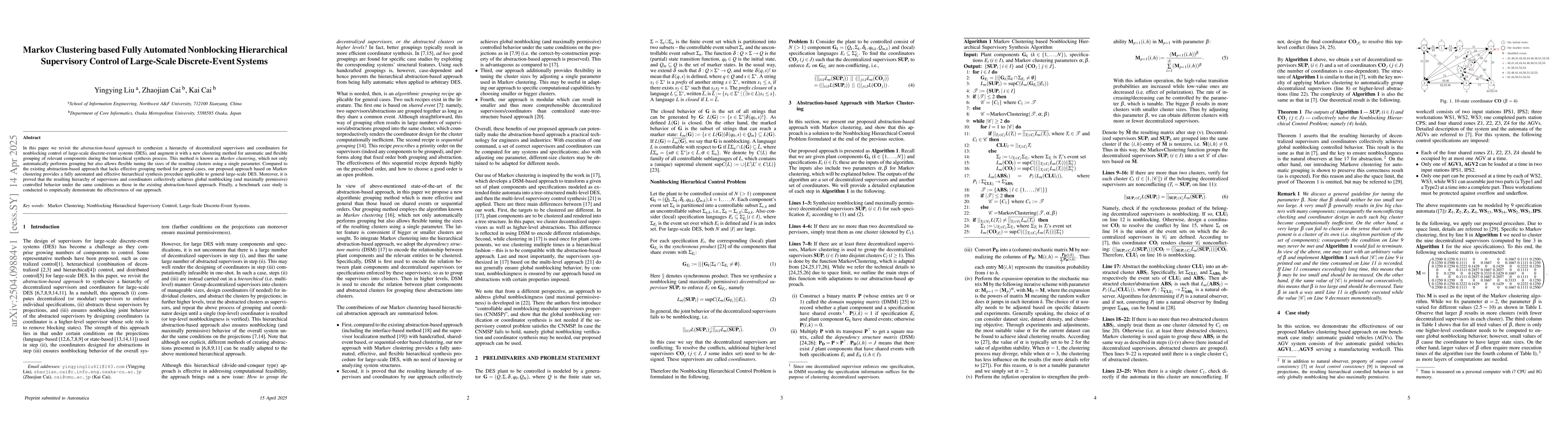 Thumbnail for Markov Clustering based Fully Automated Nonblocking Hierarchical
  Supervisory Control of Large-Scale Discrete-Event Systems