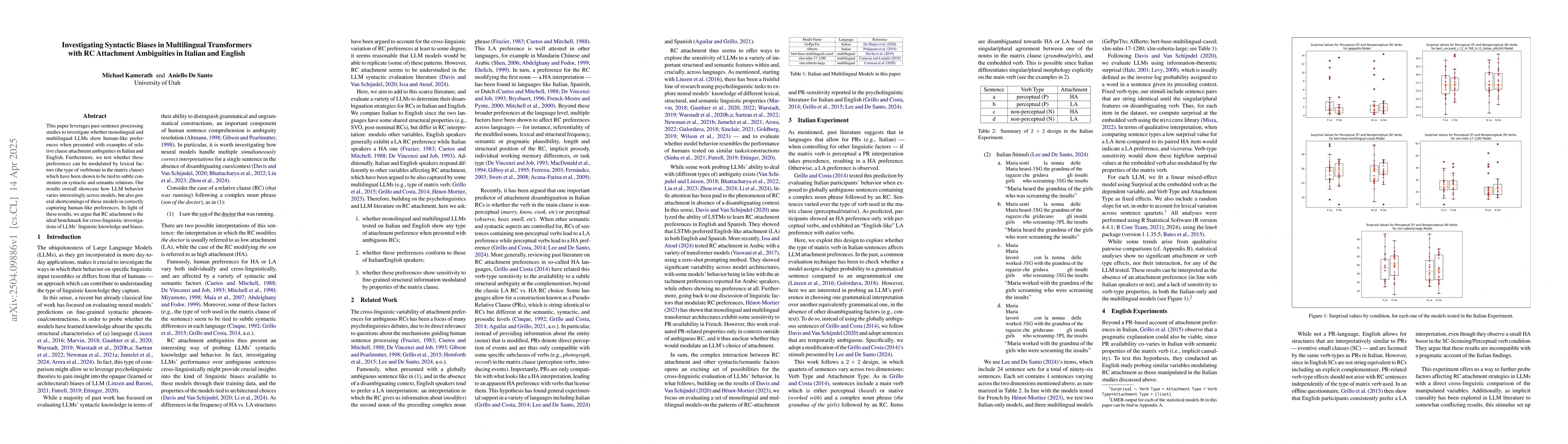Thumbnail for Investigating Syntactic Biases in Multilingual Transformers with RC
  Attachment Ambiguities in Italian and English