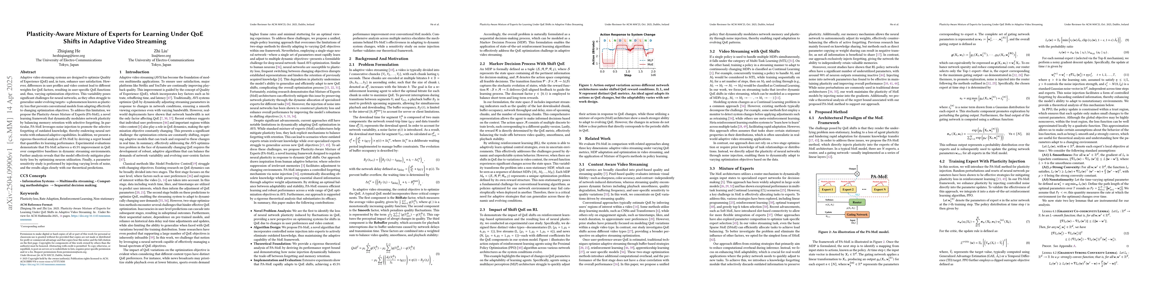 Thumbnail for Plasticity-Aware Mixture of Experts for Learning Under QoE Shifts in
  Adaptive Video Streaming