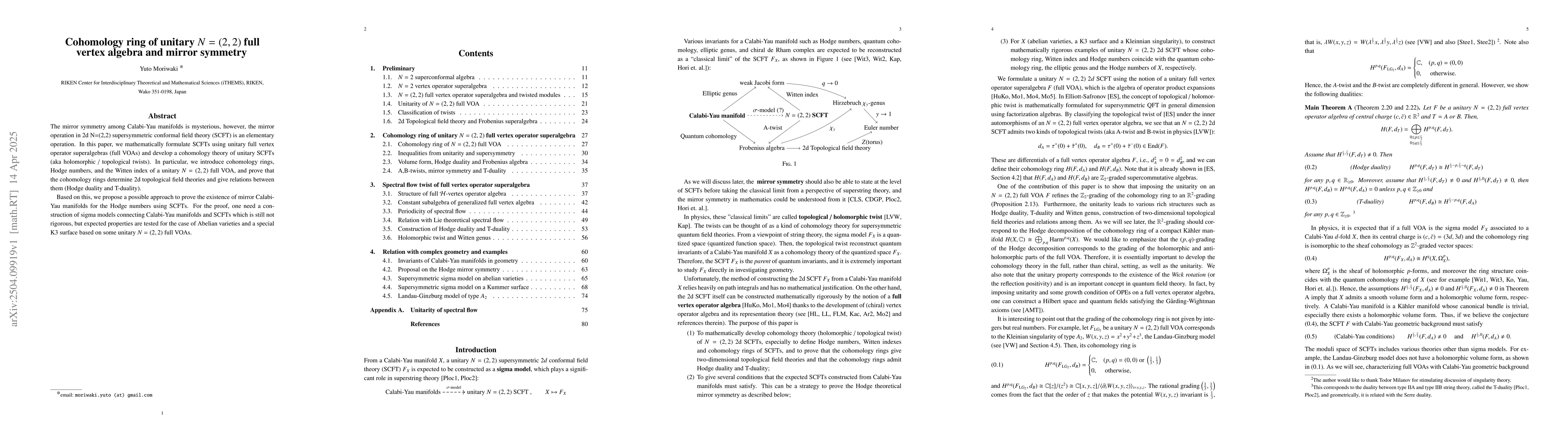 Thumbnail for Cohomology ring of unitary $N=(2,2)$ full vertex algebra and mirror
  symmetry