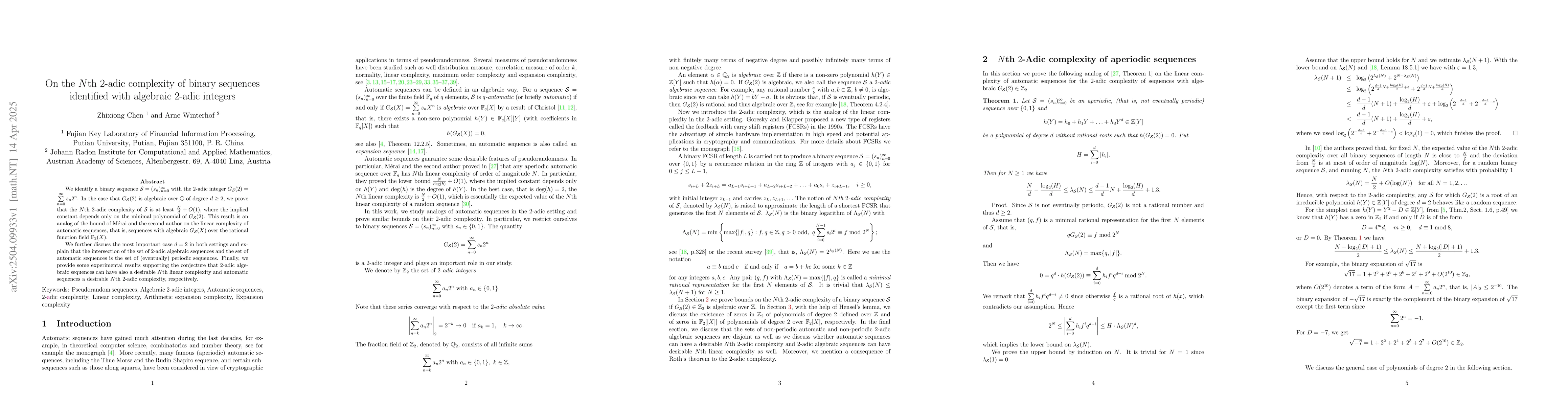 Thumbnail for On the $N$th $2$-adic complexity of binary sequences identified with
  algebraic $2$-adic integers