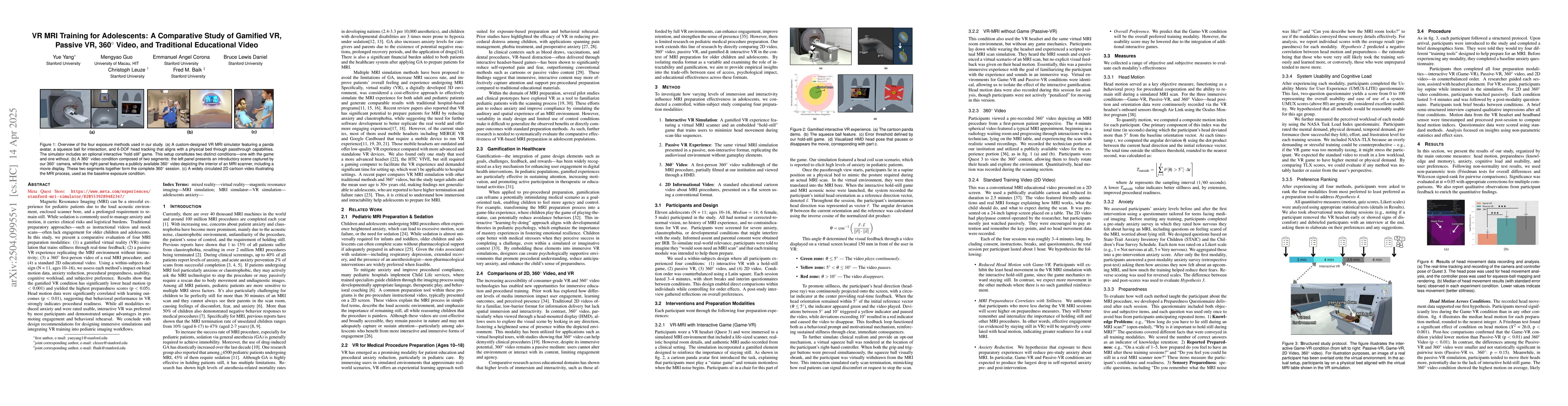 Thumbnail for VR MRI Training for Adolescents: A Comparative Study of Gamified VR,
  Passive VR, 360 Video, and Traditional Educational Video