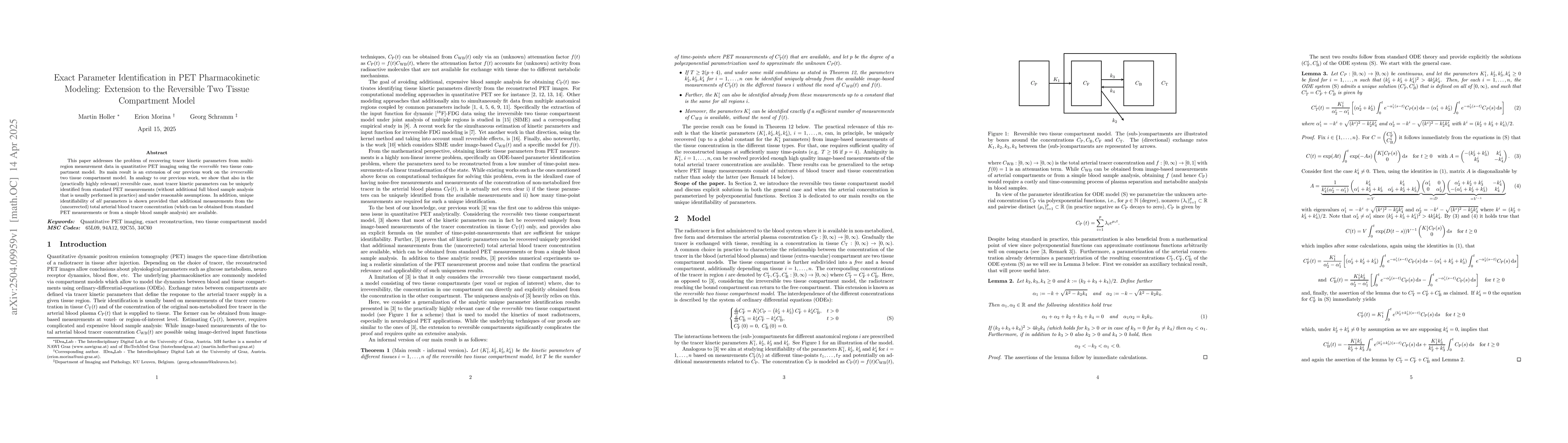 Thumbnail for Exact Parameter Identification in PET Pharmacokinetic Modeling:
  Extension to the Reversible Two Tissue Compartment Model