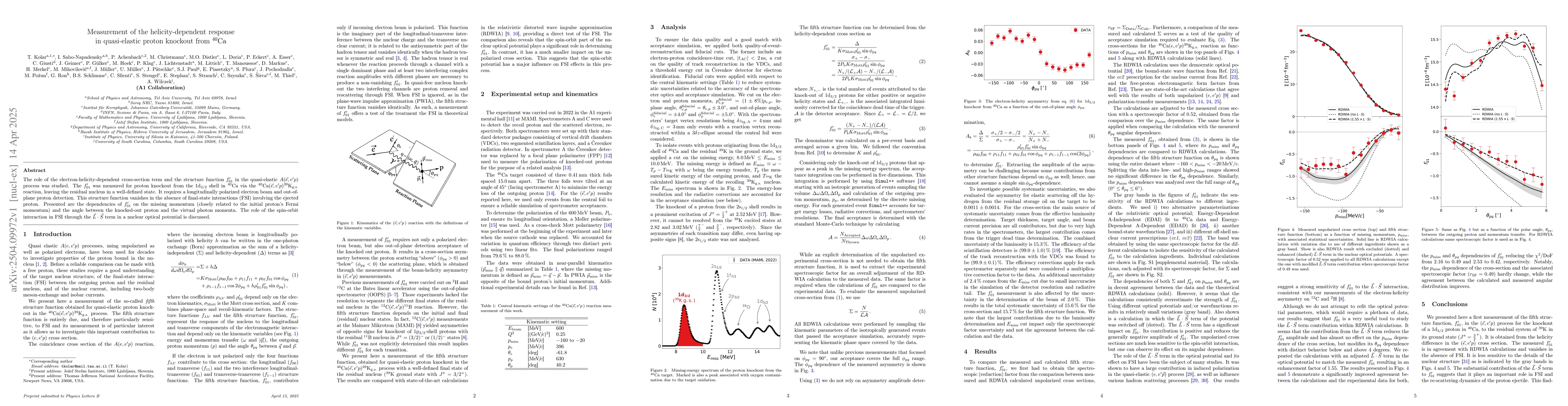 Thumbnail for Measurement of the helicity-dependent response in quasi-elastic proton
  knockout from $^{40}{\rm Ca}$