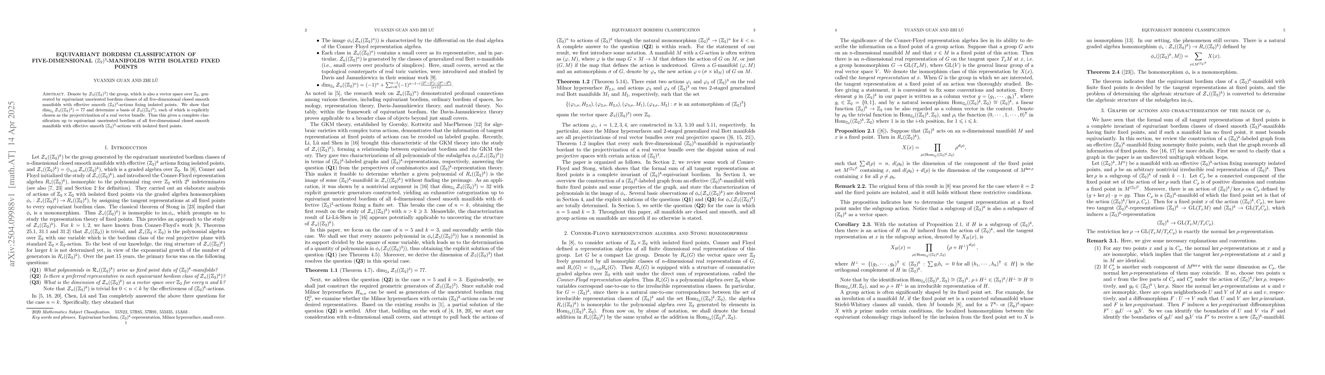 Thumbnail for Equivariant bordism classification of five-dimensional
  $(\mathbb{Z}_2)^3$-manifolds with isolated fixed points
