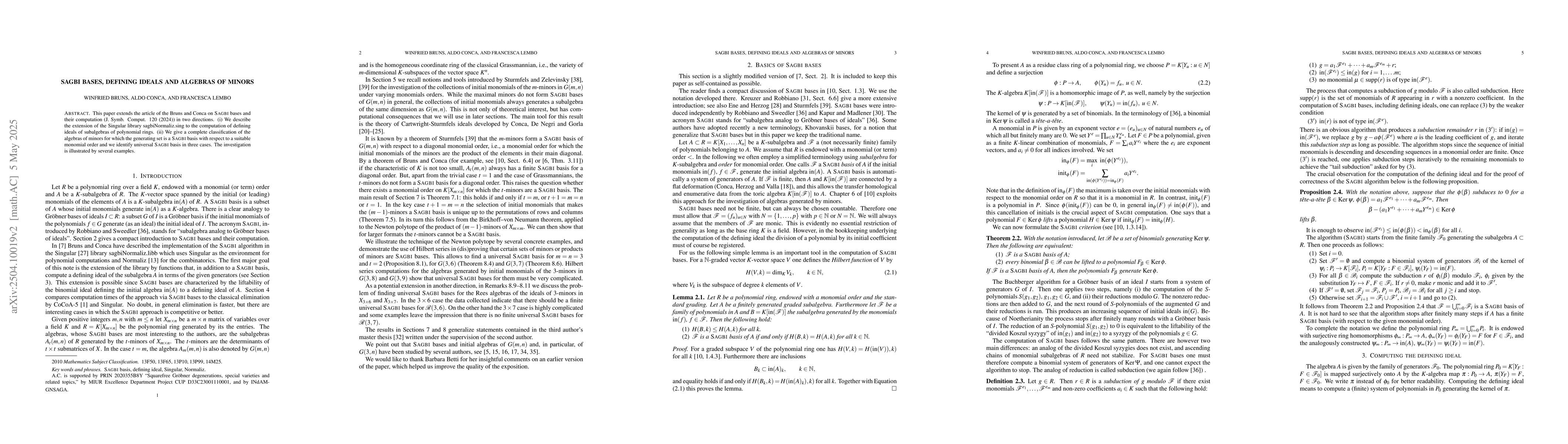 Thumbnail for Sagbi bases, defining ideals and algebra of minors