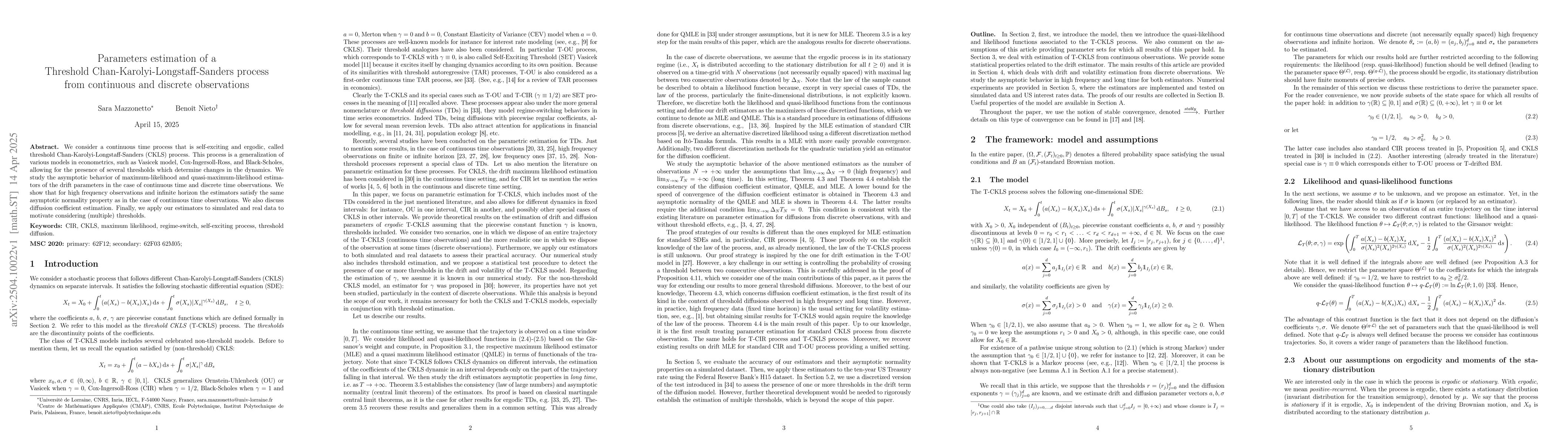 Thumbnail for Parameters estimation of a Threshold Chan-Karolyi-Longstaff-Sanders
  process from continuous and discrete observations
