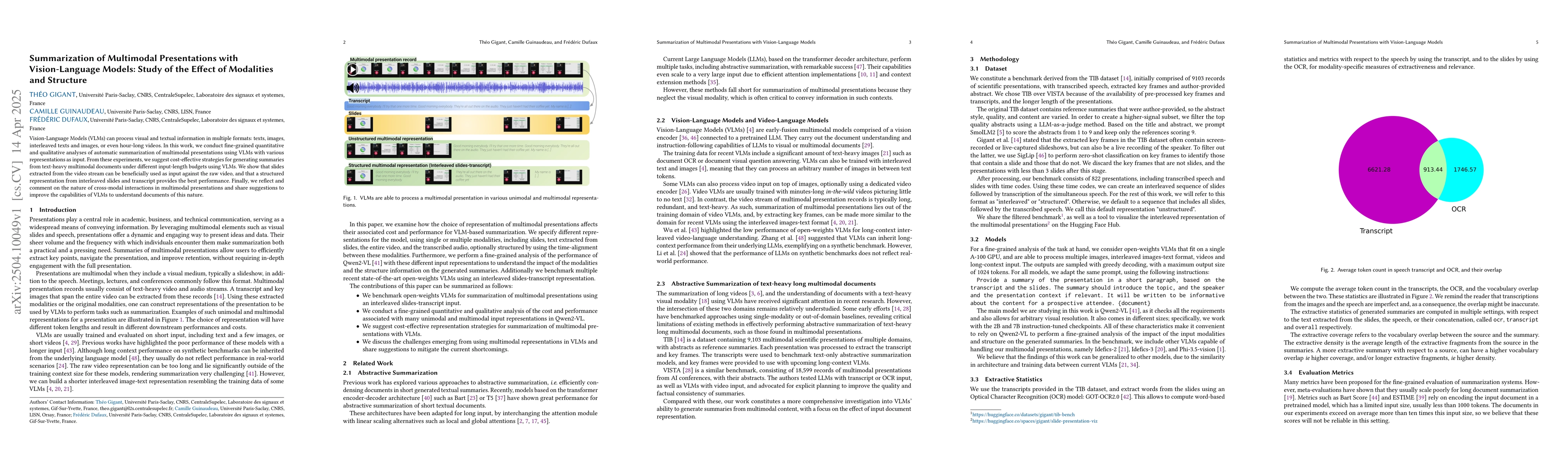 Thumbnail for Summarization of Multimodal Presentations with Vision-Language Models:
  Study of the Effect of Modalities and Structure