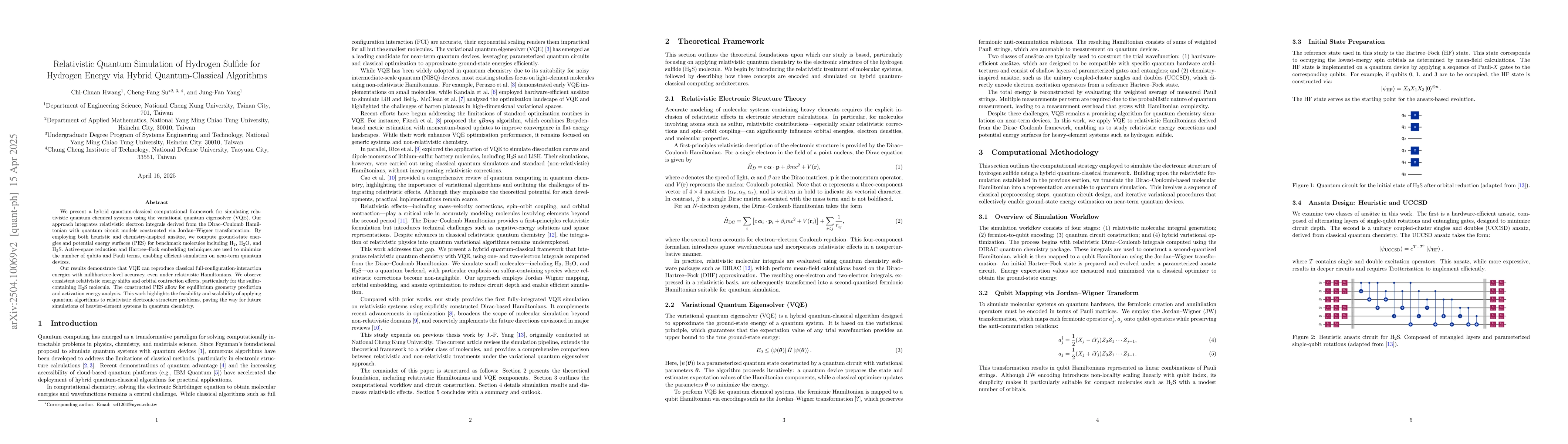 Thumbnail for Relativistic Quantum Simulation of Hydrogen Sulfide for Hydrogen Energy
  via Hybrid Quantum-Classical Algorithms