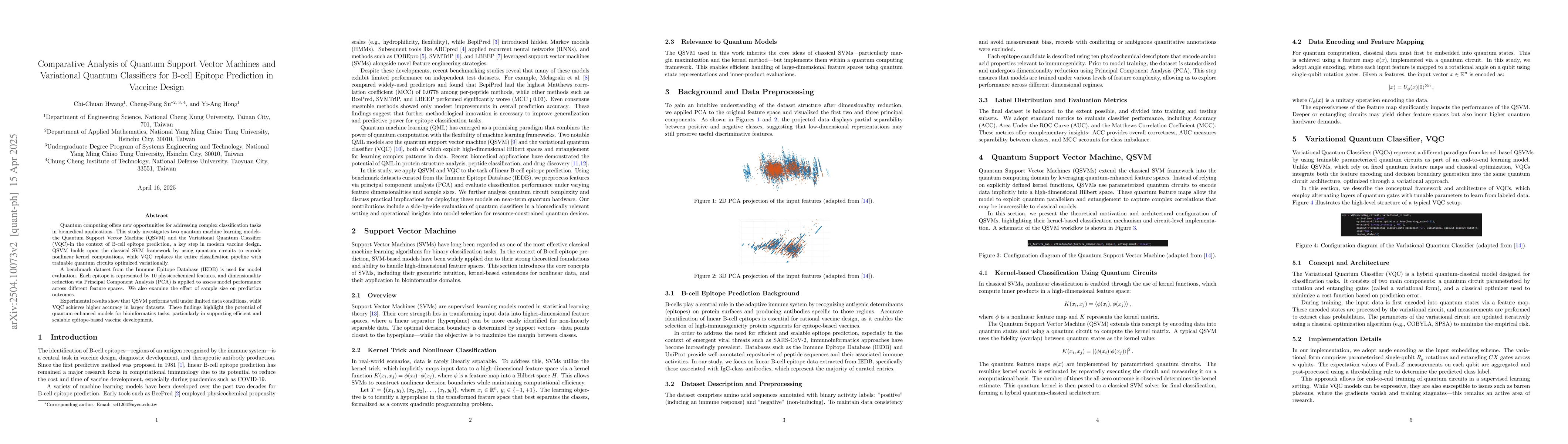 Thumbnail for Comparative Analysis of Quantum Support Vector Machines and Variational
  Quantum Classifiers for B-cell Epitope Prediction in Vaccine Design