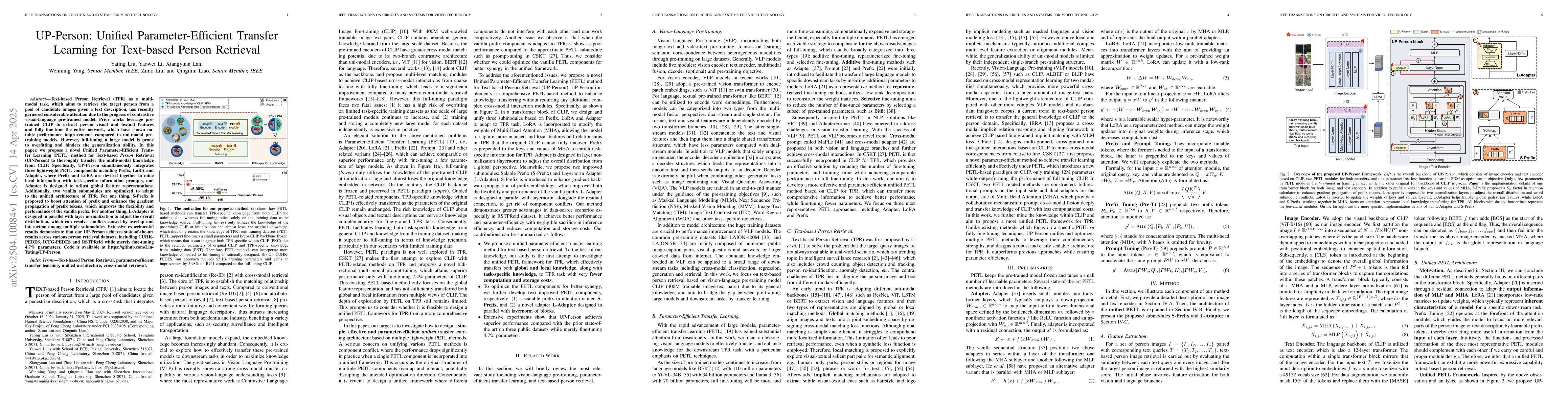 Thumbnail for UP-Person: Unified Parameter-Efficient Transfer Learning for Text-based
  Person Retrieval