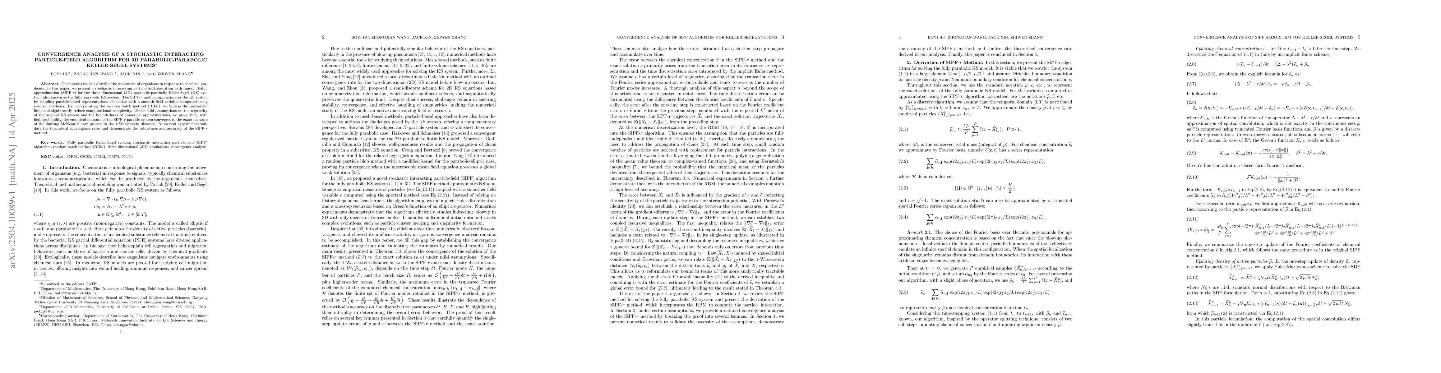 Thumbnail for Convergence Analysis of a Stochastic Interacting Particle-Field
  Algorithm for 3D Parabolic-Parabolic Keller-Segel Systems
