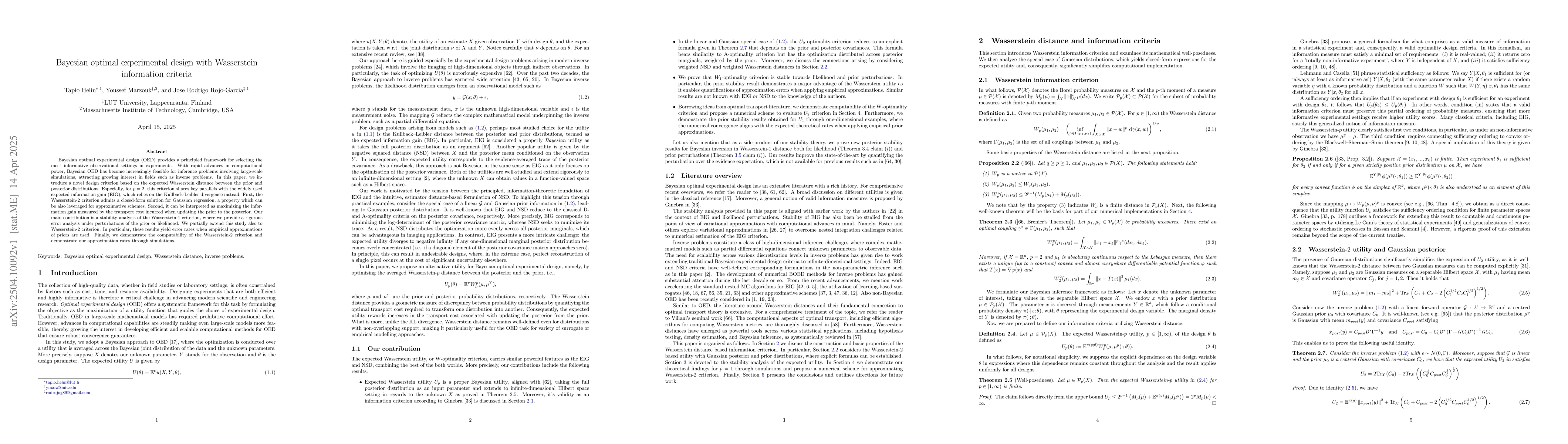 Thumbnail for Bayesian optimal experimental design with Wasserstein information
  criteria