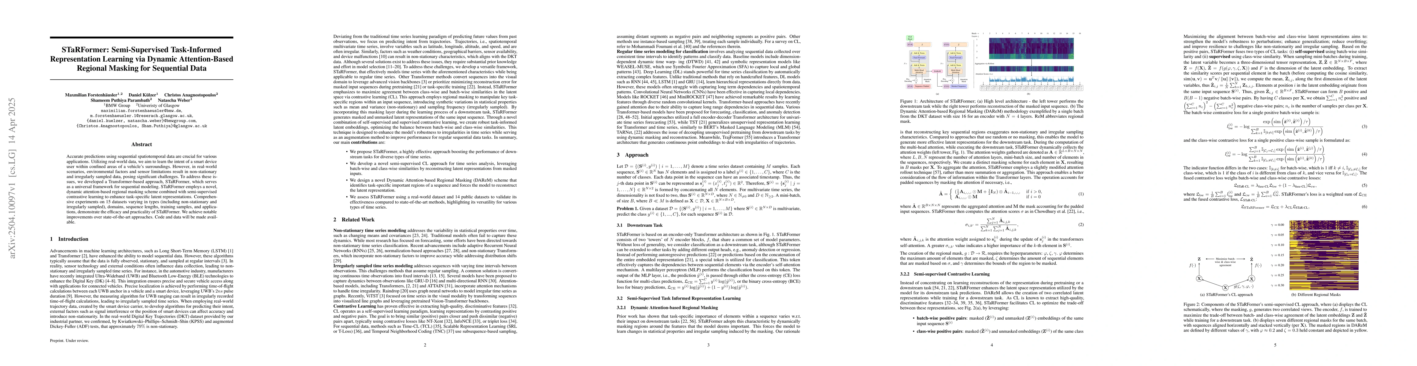 Thumbnail for STaRFormer: Semi-Supervised Task-Informed Representation Learning via
  Dynamic Attention-Based Regional Masking for Sequential Data