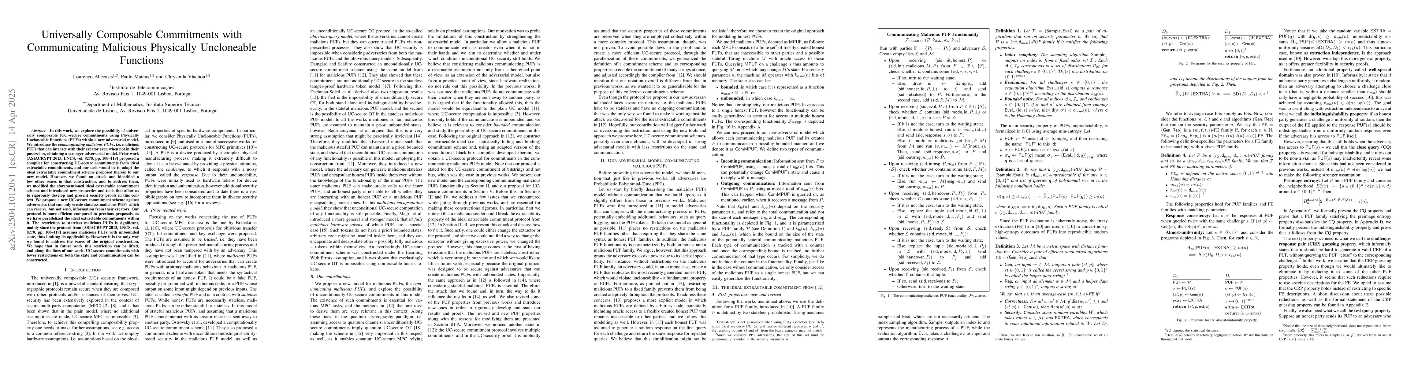 Thumbnail for Universally Composable Commitments with Communicating Malicious
  Physically Uncloneable Functions