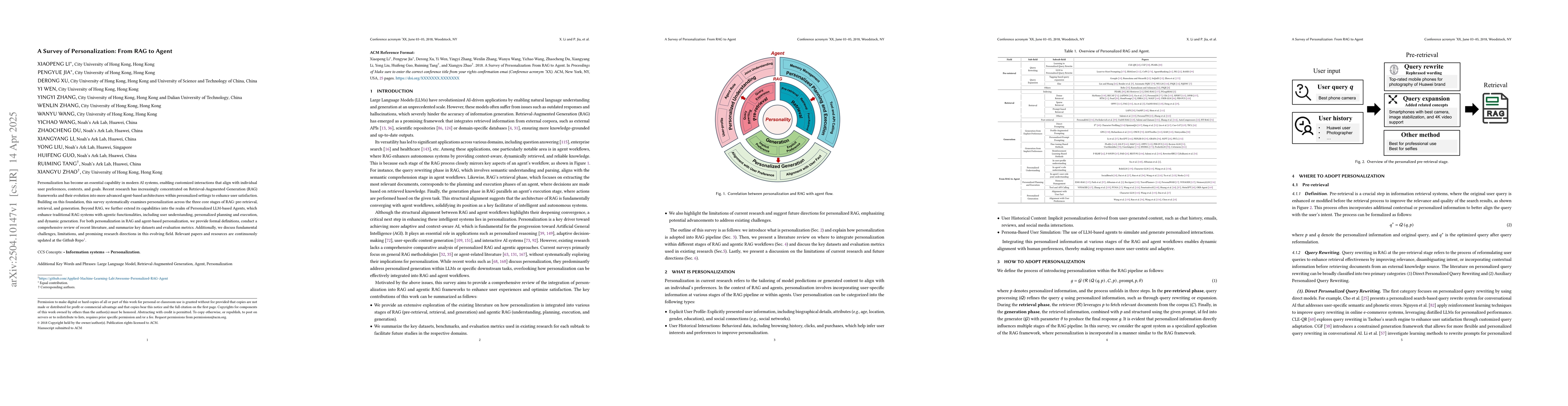 Thumbnail for A Survey of Personalization: From RAG to Agent