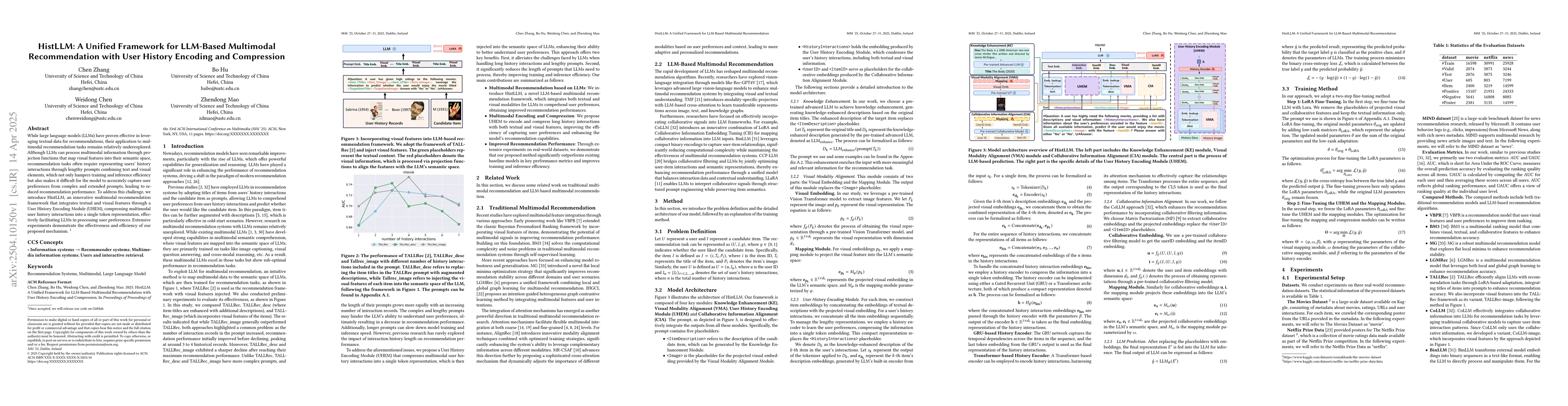 Thumbnail for HistLLM: A Unified Framework for LLM-Based Multimodal Recommendation
  with User History Encoding and Compression
