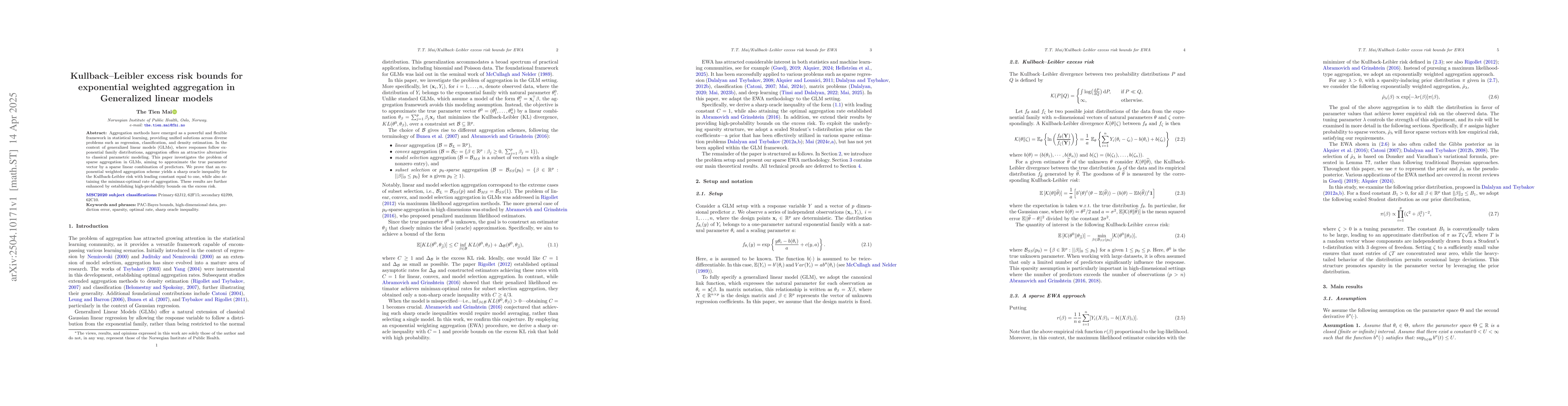 Thumbnail for Kullback-Leibler excess risk bounds for exponential weighted aggregation
  in Generalized linear models