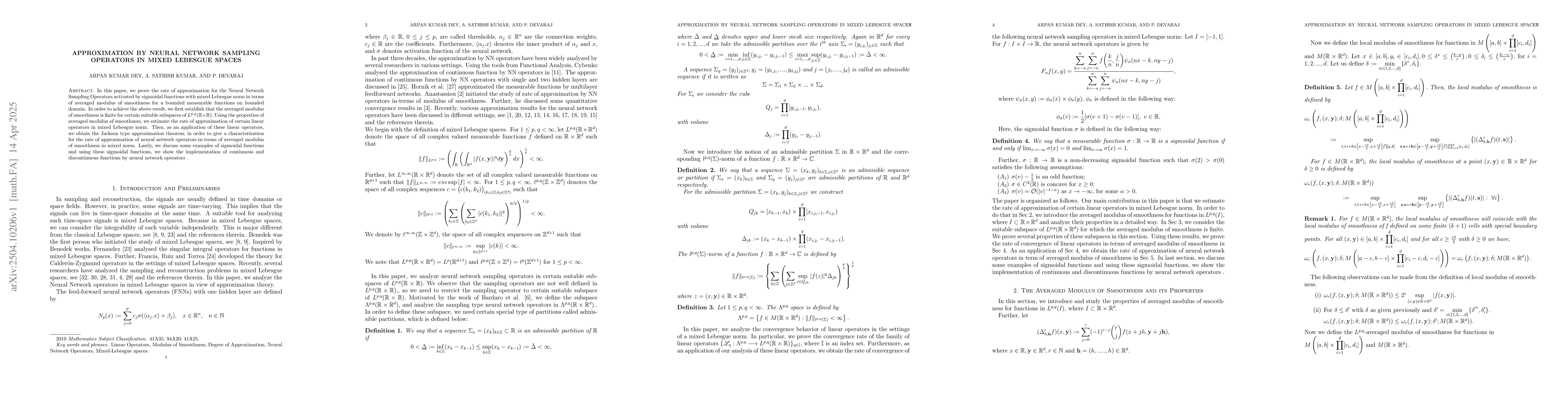 Thumbnail for Approximation by Neural Network Sampling Operators in Mixed Lebesgue
  Spaces