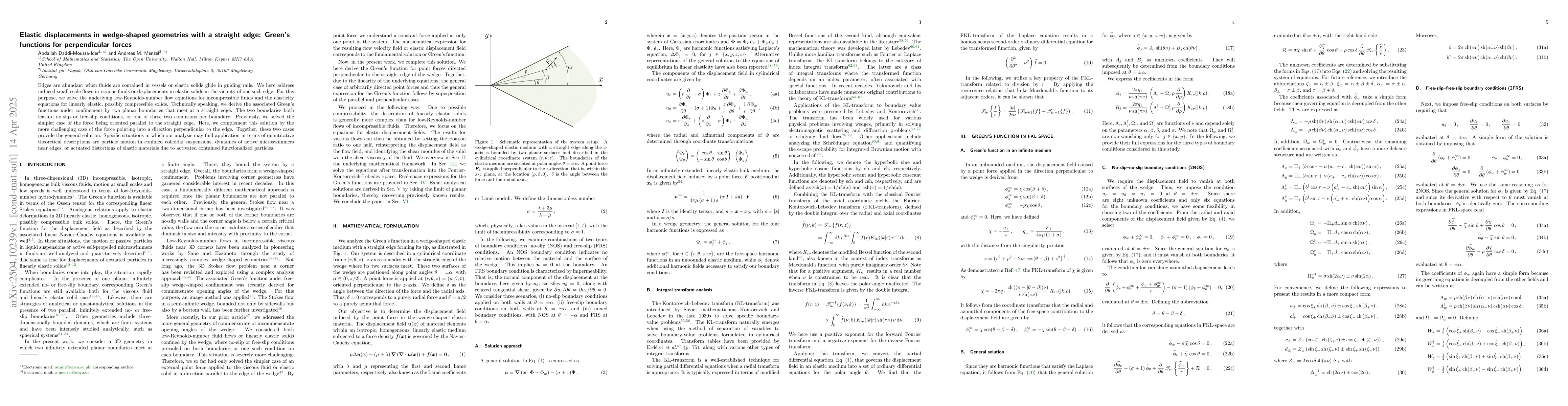 Thumbnail for Elastic displacements in wedge-shaped geometries with a straight edge:
  Green's functions for perpendicular forces