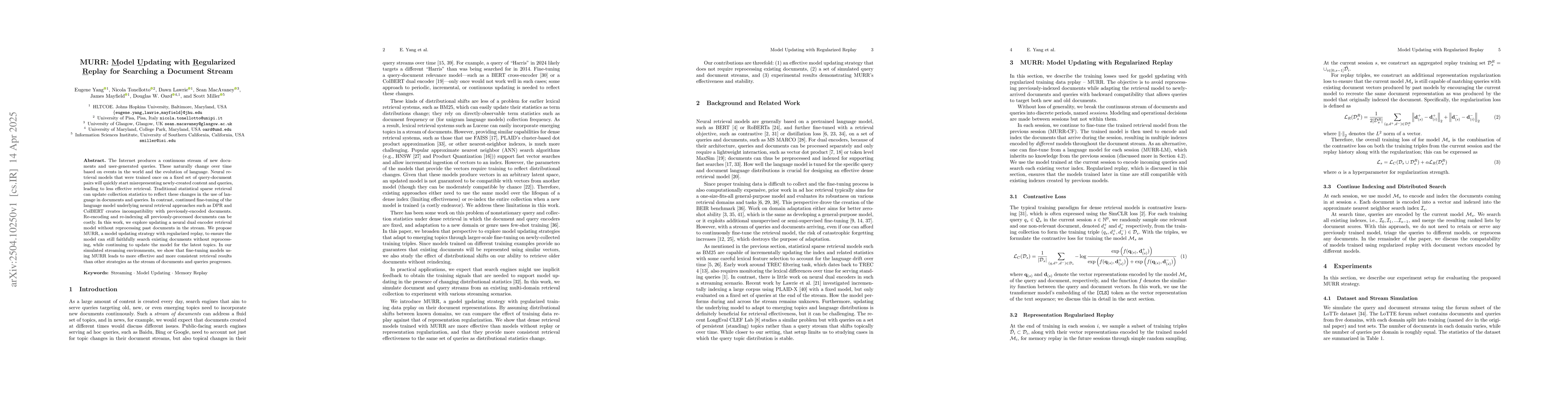 Thumbnail for MURR: Model Updating with Regularized Replay for Searching a Document
  Stream