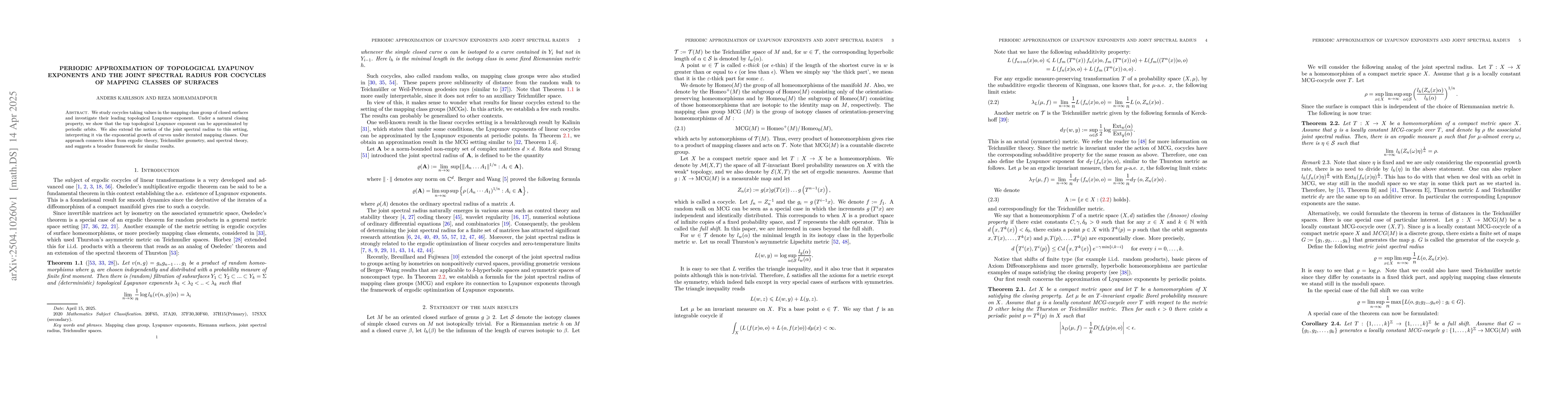 Thumbnail for Periodic approximation of topological Lyapunov exponents and the joint
  spectral radius for cocycles of mapping classes of surfaces