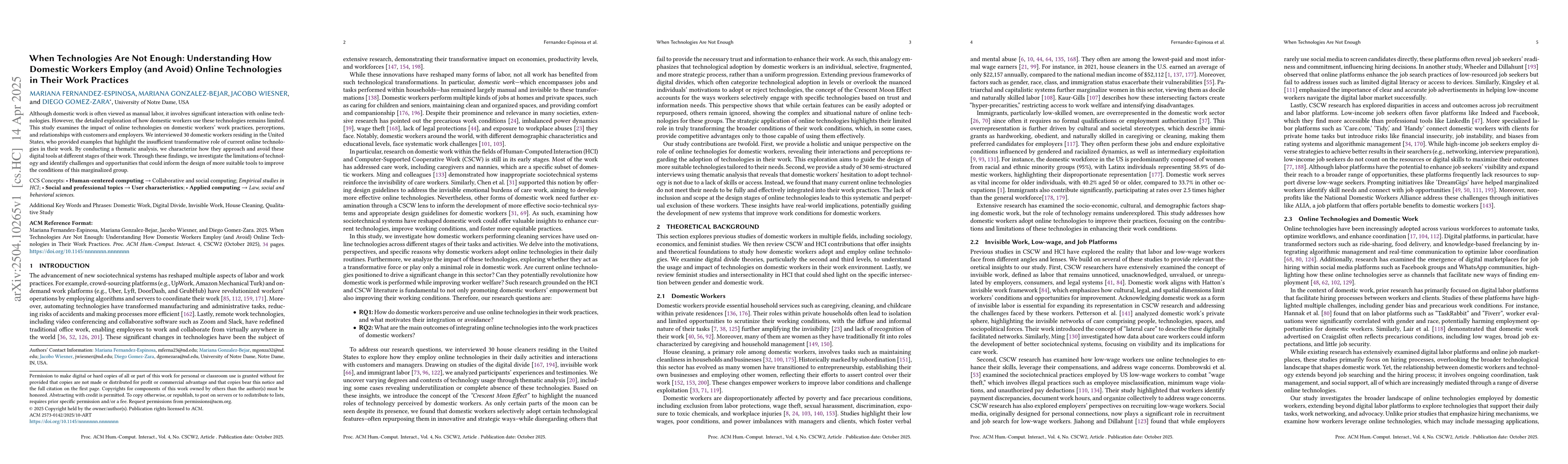 Thumbnail for When Technologies Are Not Enough: Understanding How Domestic Workers
  Employ (and Avoid) Online Technologies in Their Work Practices