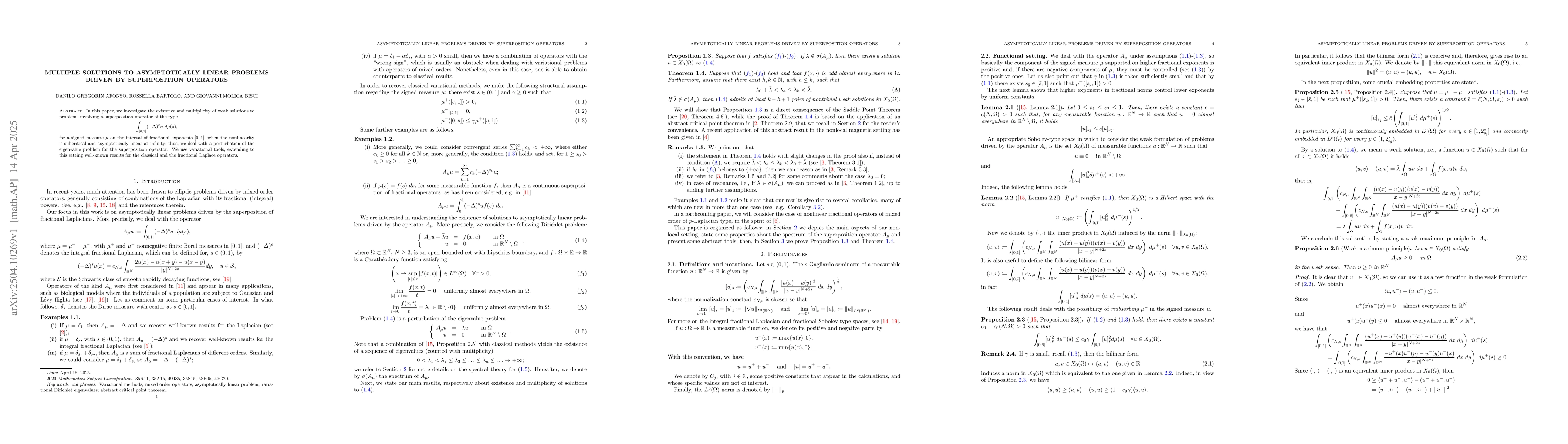 Thumbnail for Multiple solutions to asymptotically linear problems driven by
  superposition operators