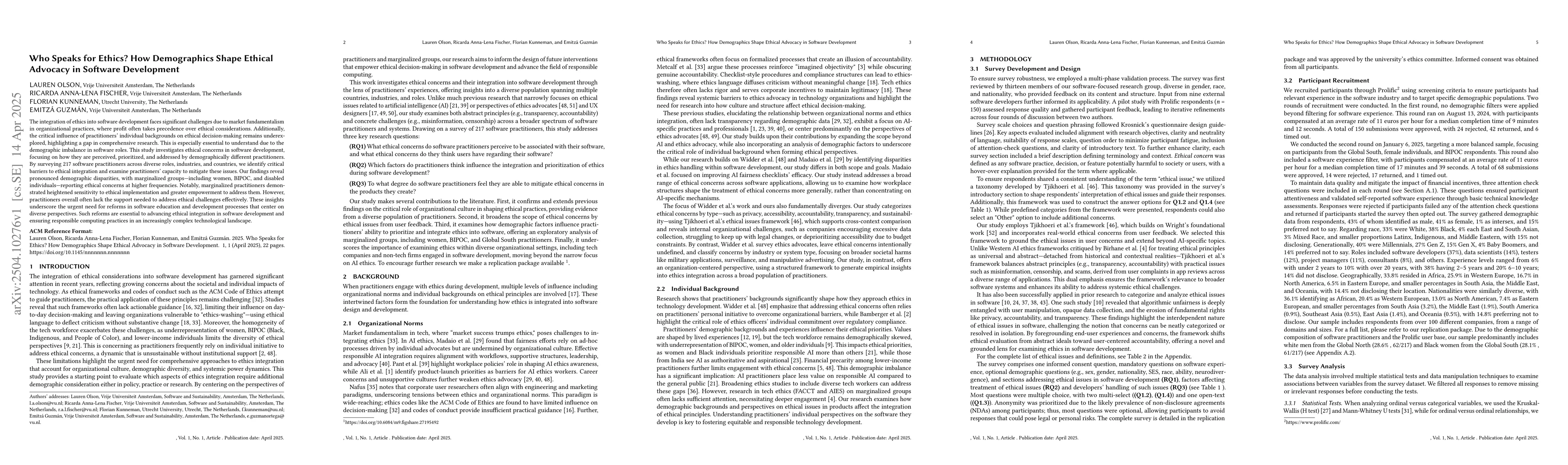 Thumbnail for Who Speaks for Ethics? How Demographics Shape Ethical Advocacy in
  Software Development
