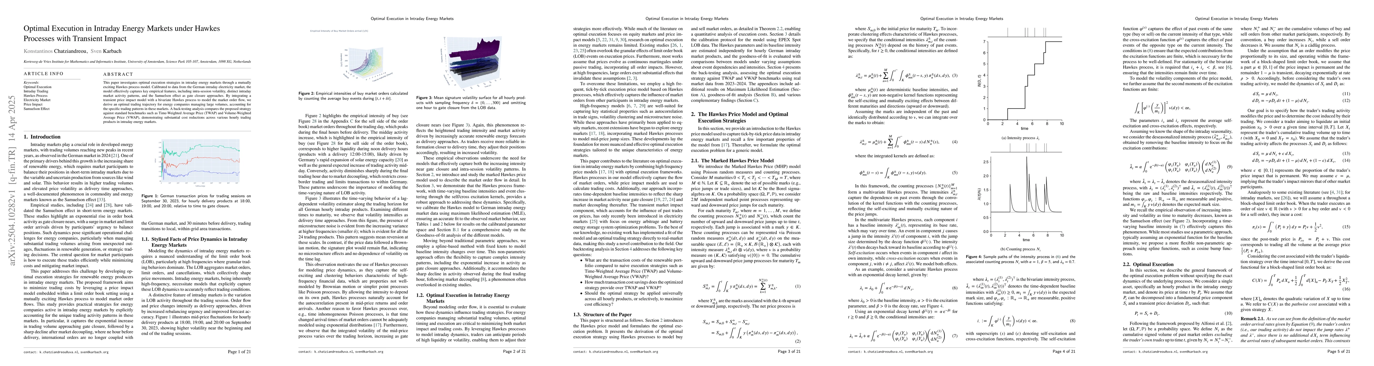 Thumbnail for Optimal Execution in Intraday Energy Markets under Hawkes Processes with
  Transient Impact