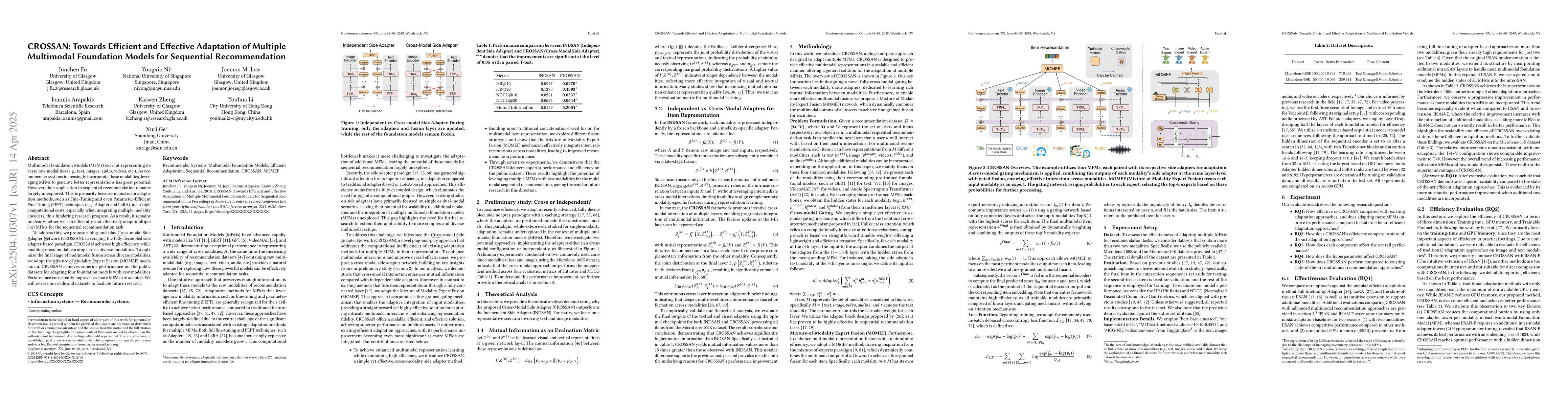 Thumbnail for CROSSAN: Towards Efficient and Effective Adaptation of Multiple
  Multimodal Foundation Models for Sequential Recommendation