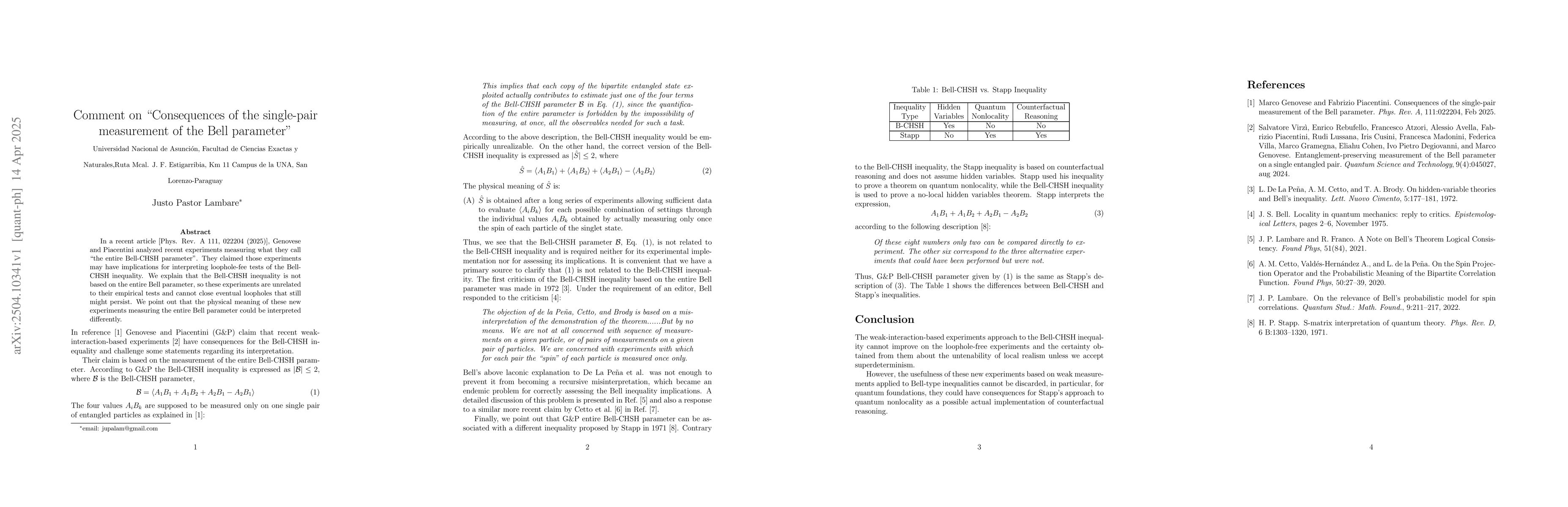Thumbnail for Comment on "Consequences of the single-pair measurement of the Bell
  parameter"