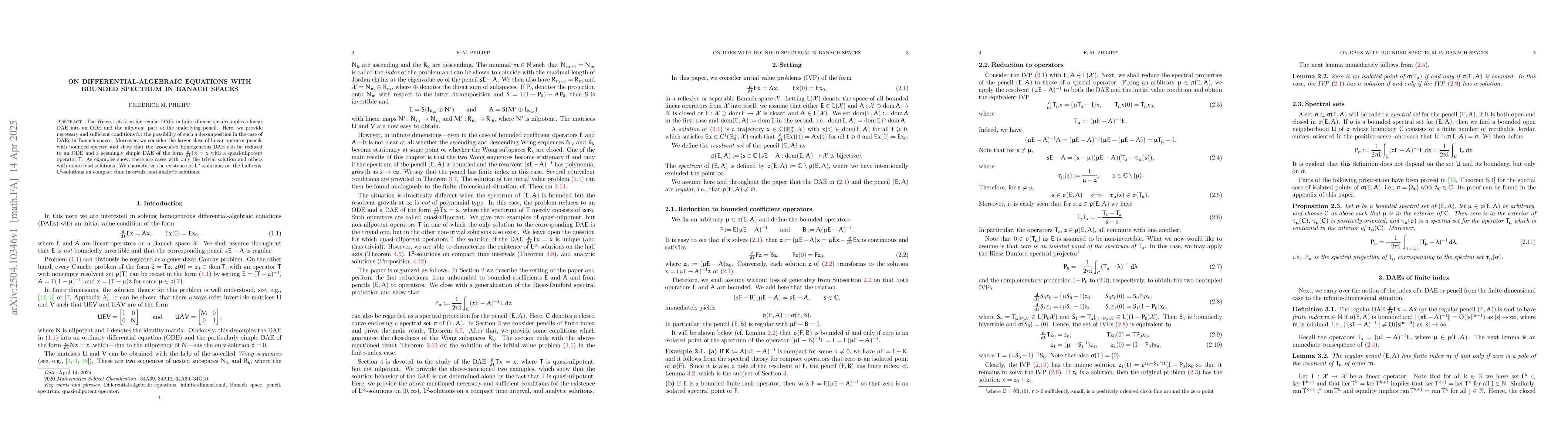 Thumbnail for On Differential-Algebraic Equations with Bounded Spectrum in Banach
  Spaces
