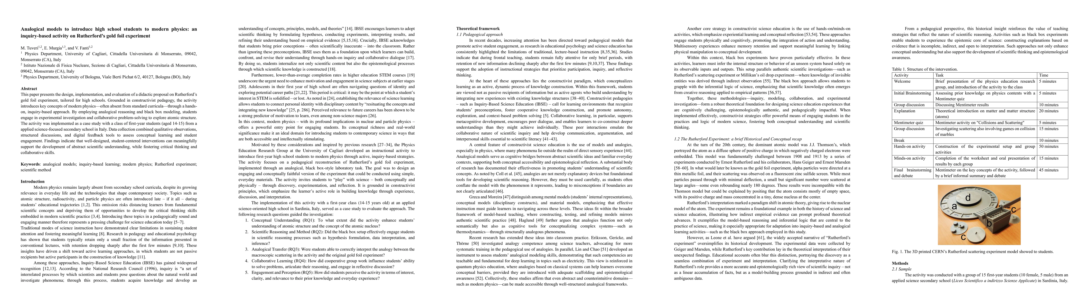 Thumbnail for Analogical models to introduce high school students to modern physics:
  an inquiry-based activity on Rutherford's gold foil experiment