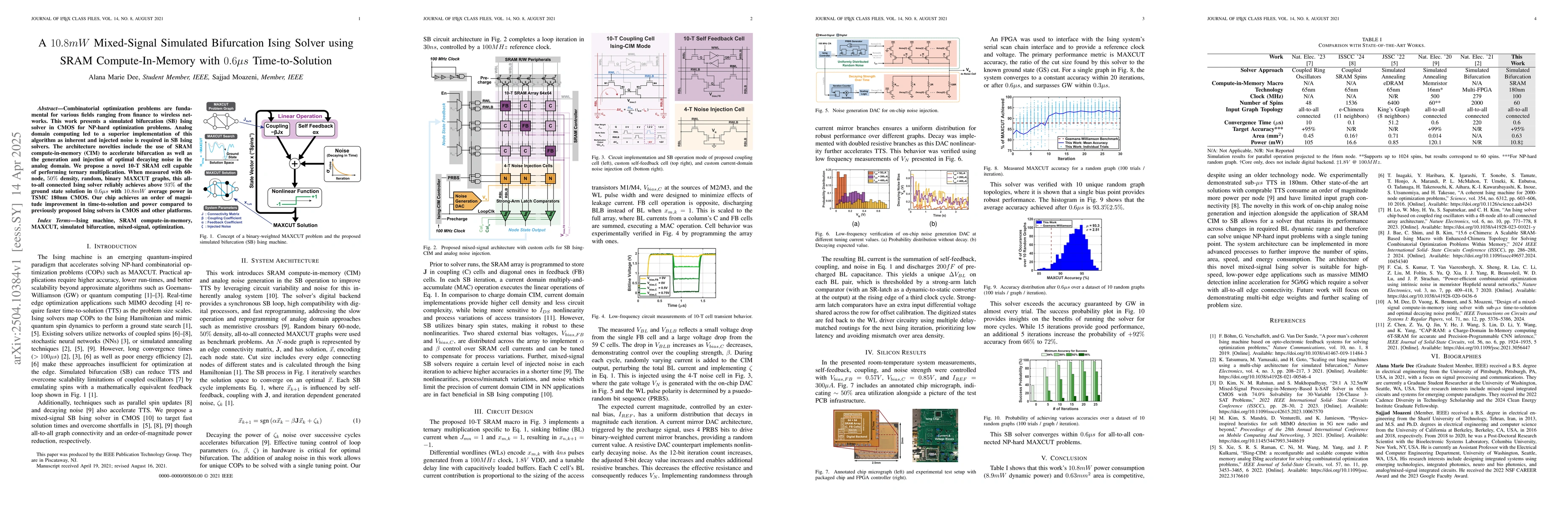 Thumbnail for A 10.8mW Mixed-Signal Simulated Bifurcation Ising Solver using SRAM
  Compute-In-Memory with 0.6us Time-to-Solution
