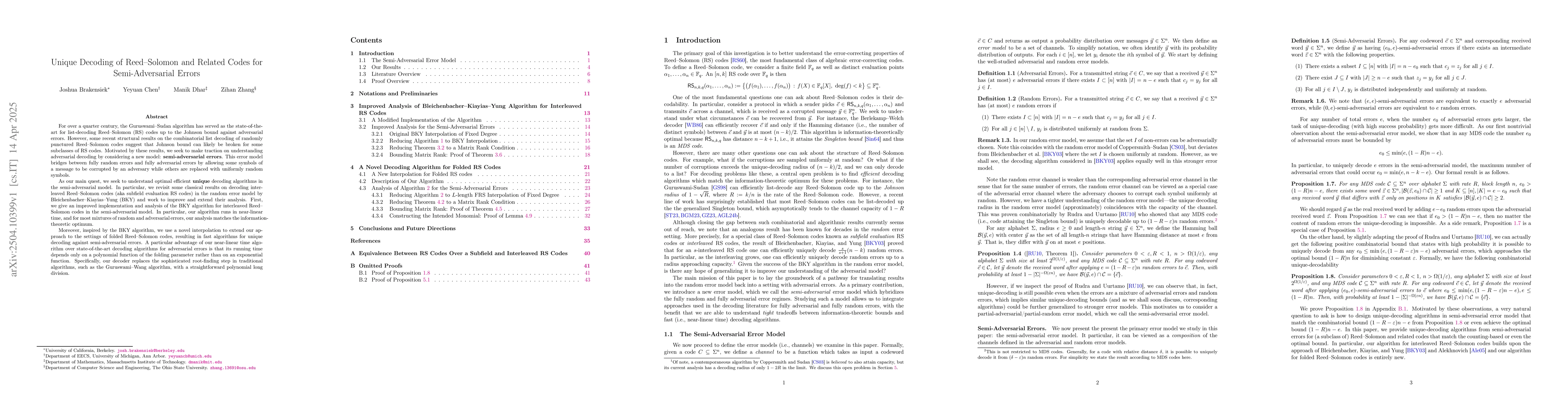 Thumbnail for Unique Decoding of Reed-Solomon and Related Codes for Semi-Adversarial
  Errors