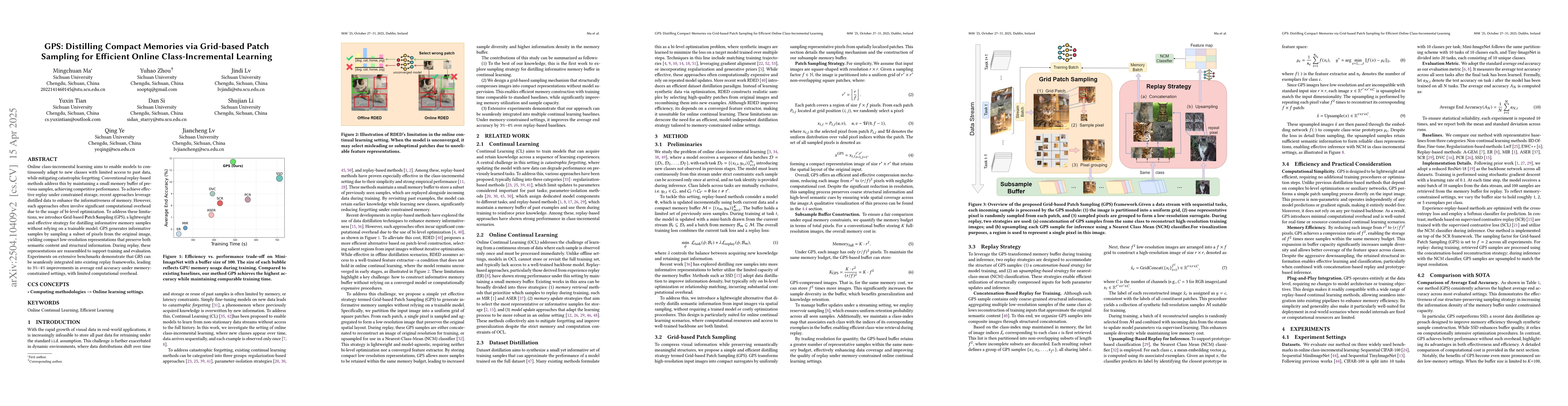Thumbnail for GPS: Distilling Compact Memories via Grid-based Patch Sampling for
  Efficient Online Class-Incremental Learning