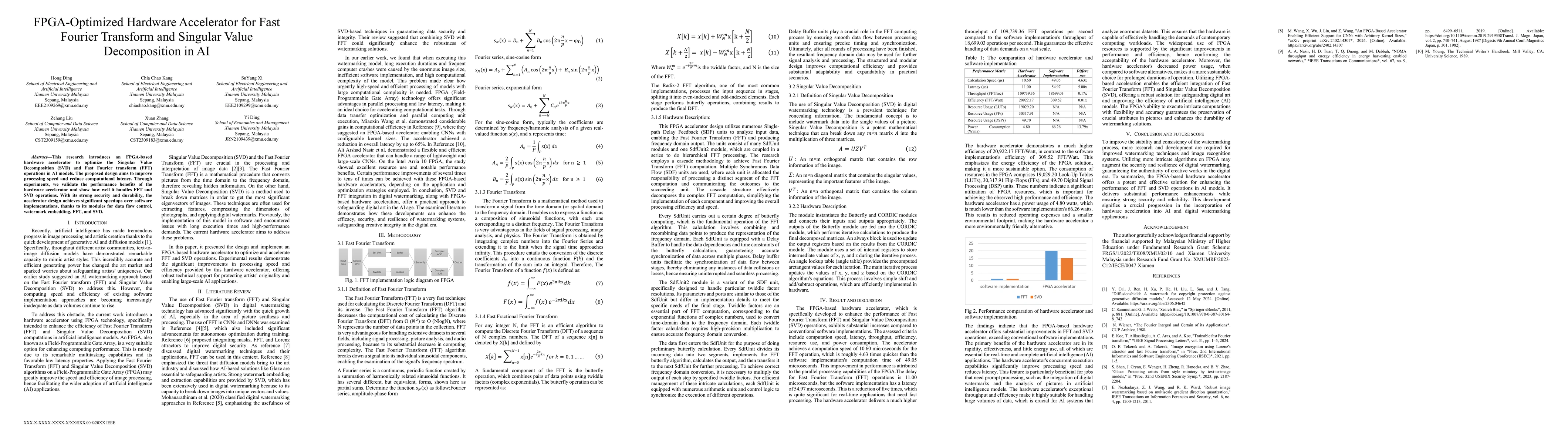 Thumbnail for FPGA-Optimized Hardware Accelerator for Fast Fourier Transform and
  Singular Value Decomposition in AI