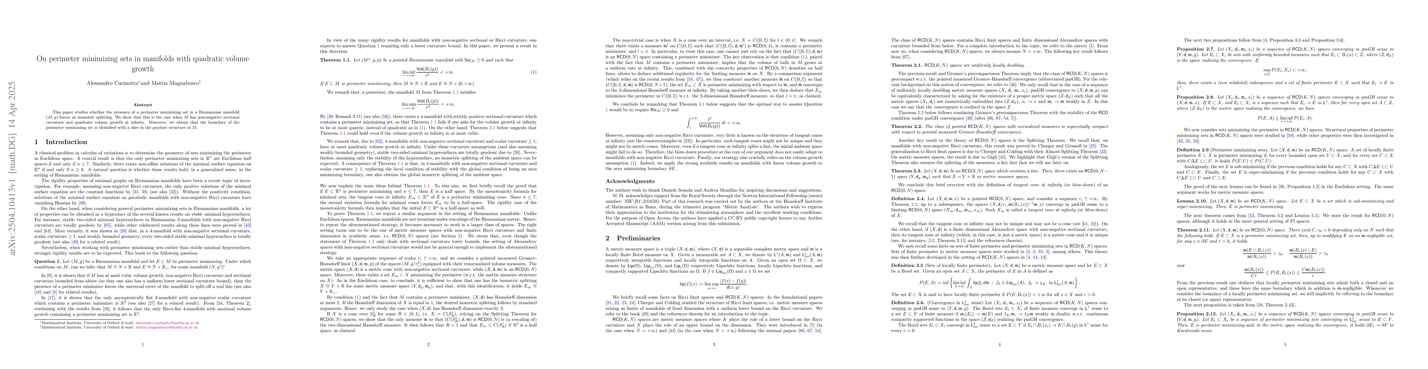 Thumbnail for On perimeter minimizing sets in manifolds with quadratic volume growth