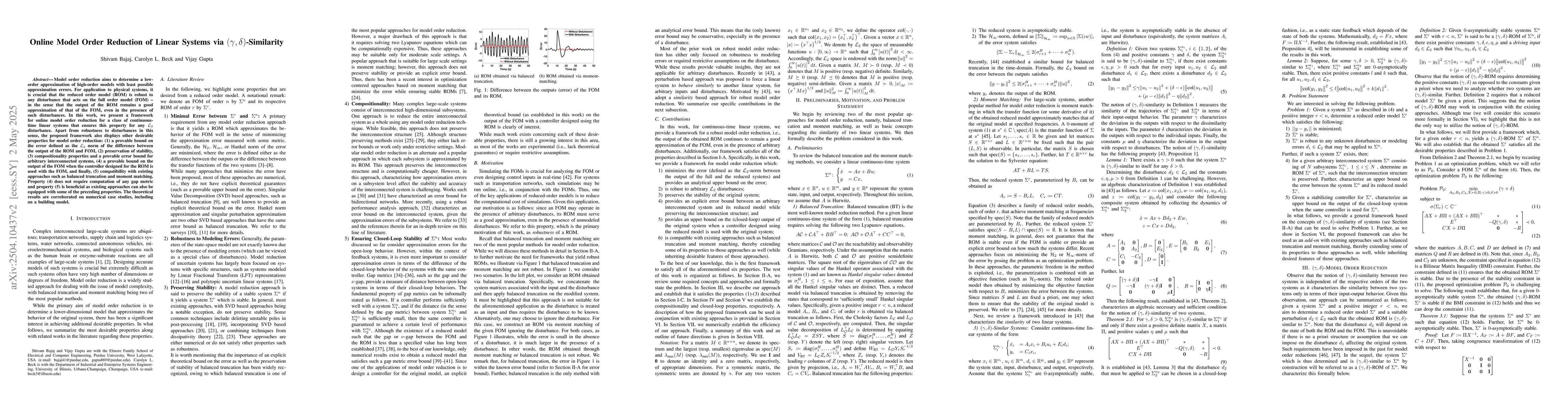 Thumbnail for Online Model Order Reduction of Linear Systems via
  $(γ,δ)$-Similarity